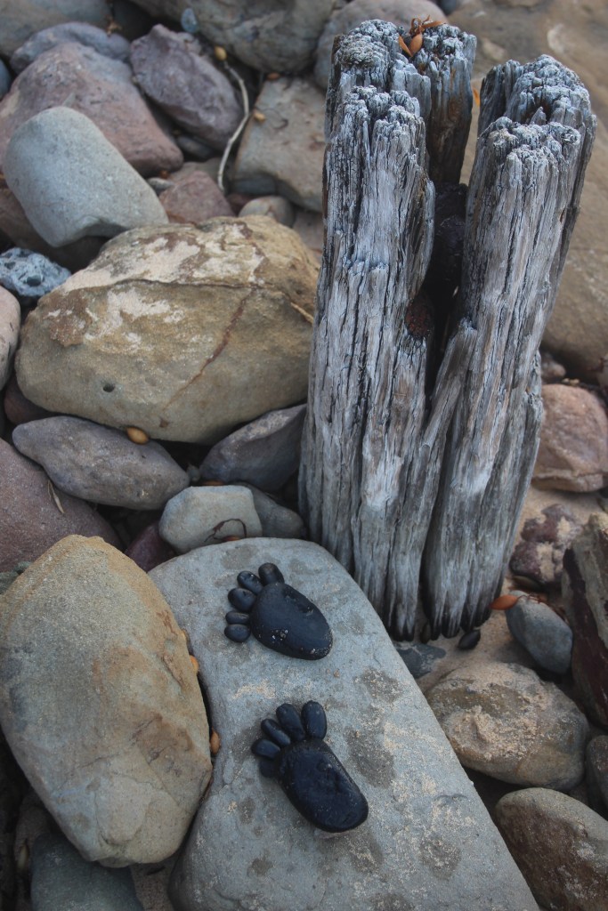 Little pebbles made into two feet on a seaside rock